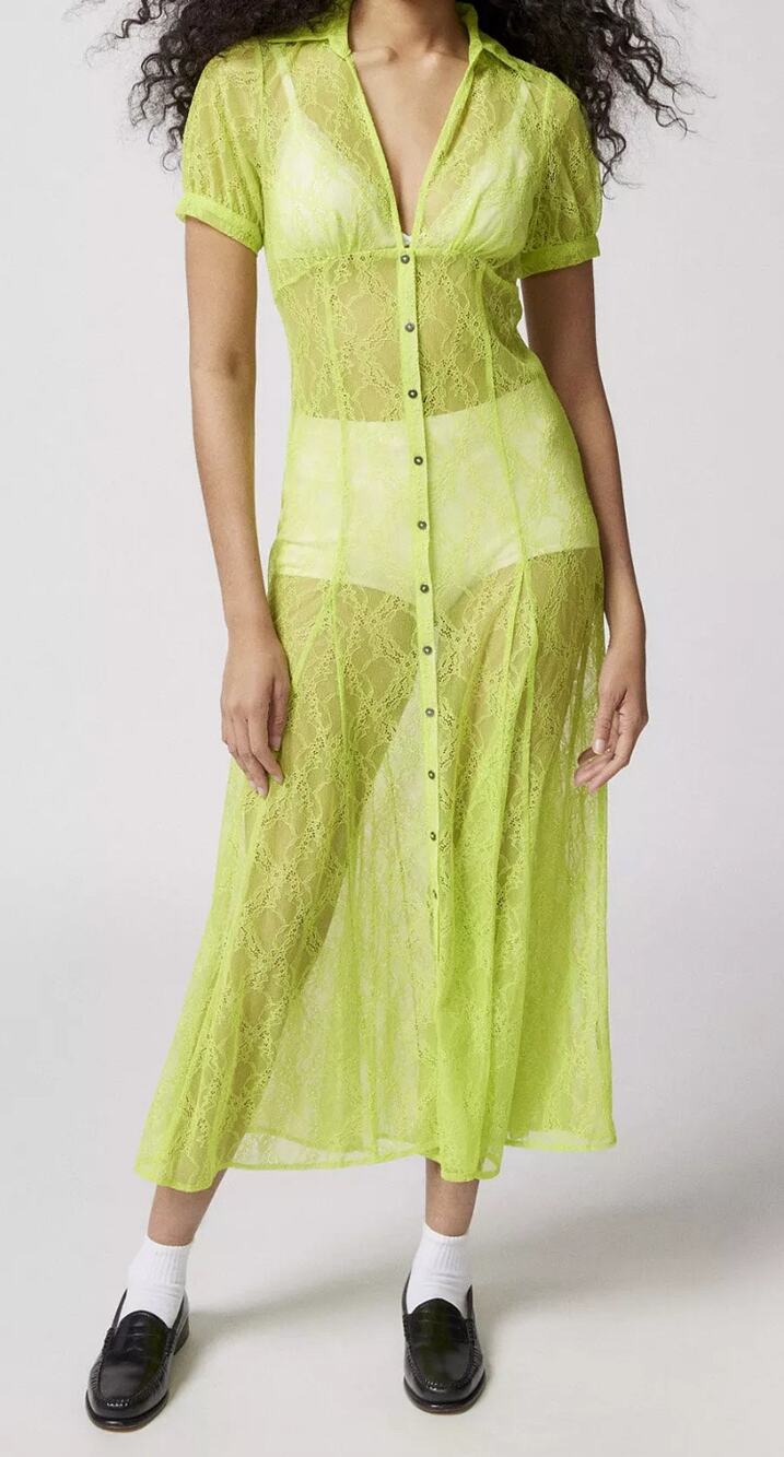 Urban Outfitters Neon Lace Sheer Maxi Shirt Dress - Size Small - NWT